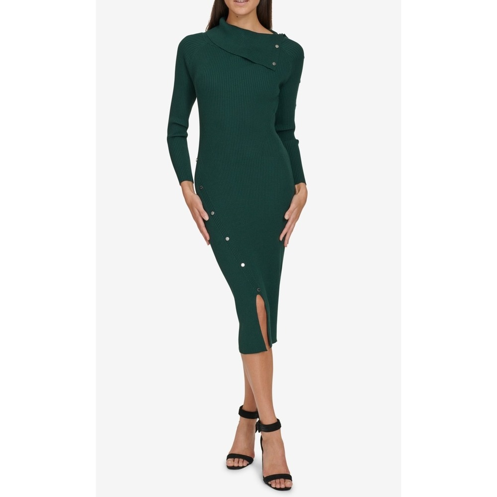 $139 Calvin Klein Womens XL Green Rib-Knit Long-Sleeve Side Button Sweater Dress